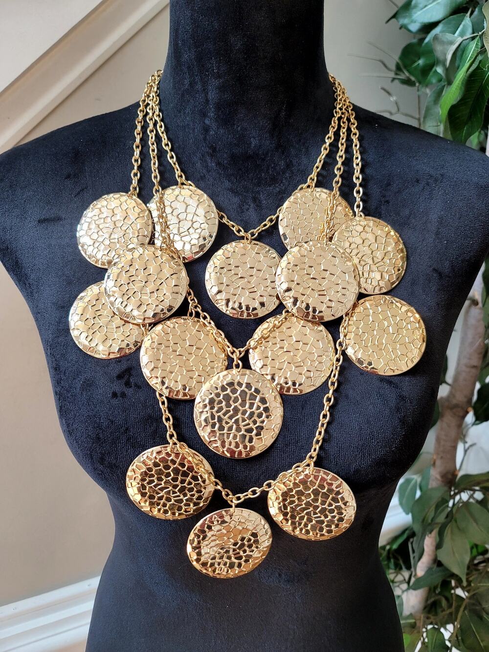 Gold Tone Layered Hammered Disc Statement Necklace Bib Chunky